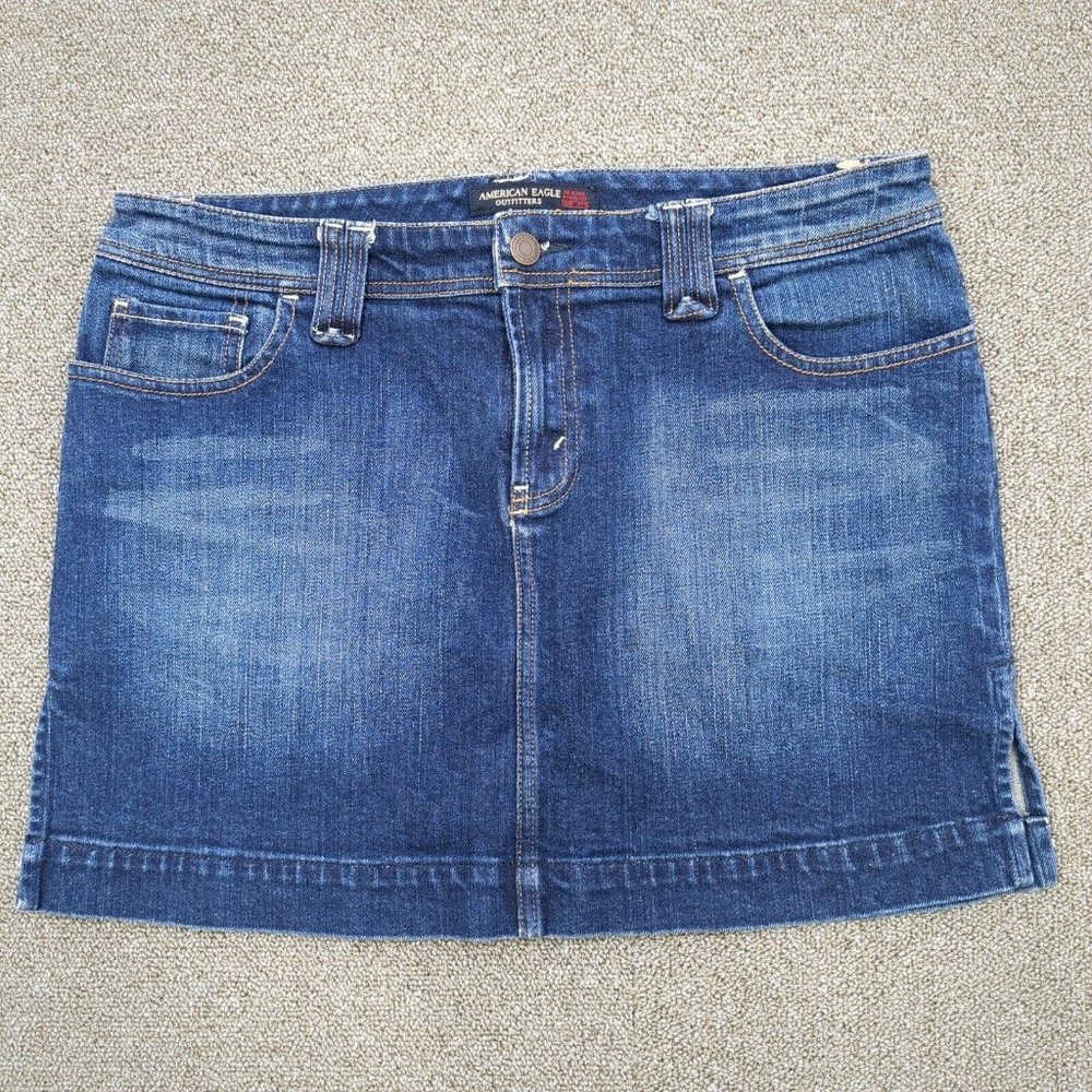 ✨ American Eagle Jean Skirt Womens 8 Blue Cotton Denim Stretch Button Pockets ✨